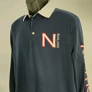 Nautica Sailing Long Sleeve Rugby Shirt Size Medium Navy Blue